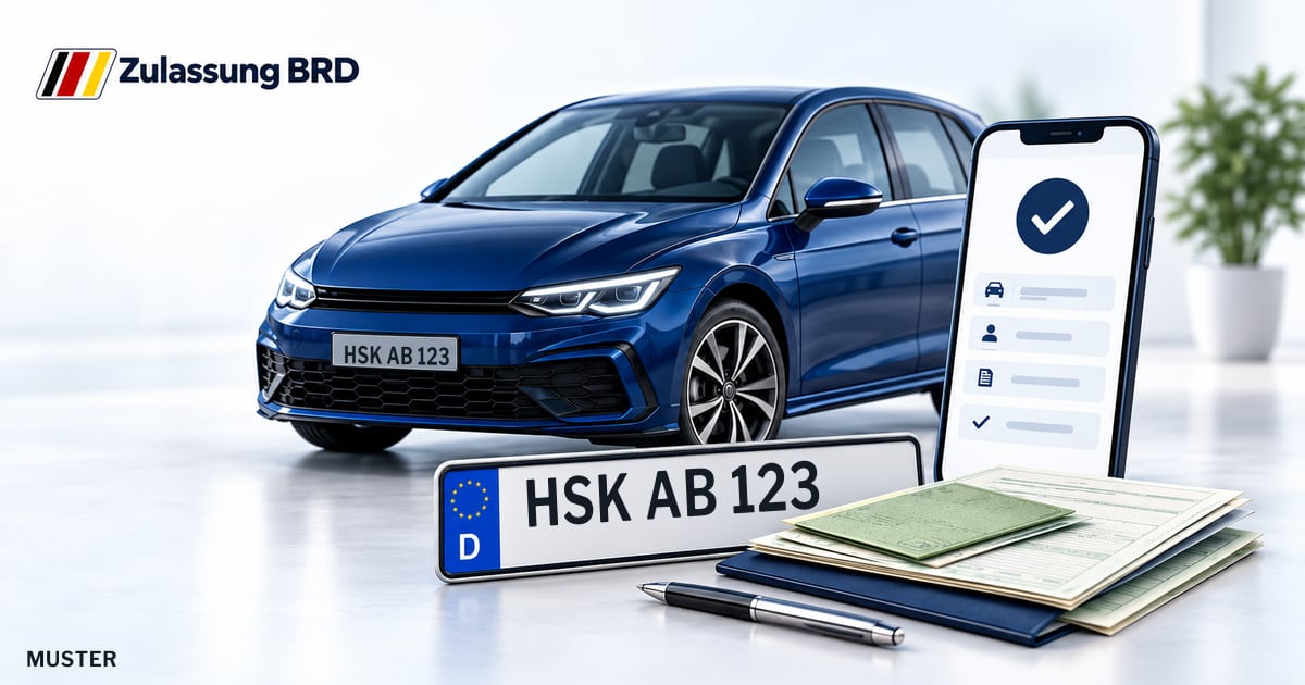 Online Fahrzeugzulassung in Meschede: Musterkennzeichen HSK AB 123, Auto und Fahrzeugpapiere und Smartphone. Illustration mit Logo von Zulassung BRD.